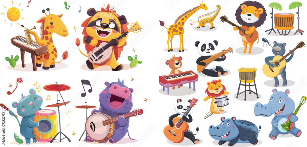 Giraffe play piano, cute panda with banjo and alligator plays saxophone