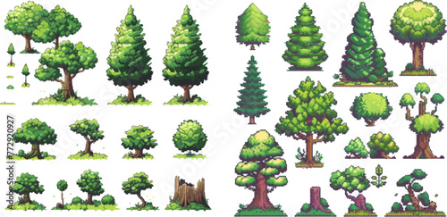 Retro 8 bit video game UI elements, trees bushes and grass sprite asset photo
