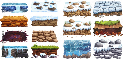 Ice with snow caps and lava floor. Cartoon surface grass soil texture