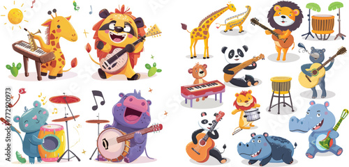 Giraffe play piano  cute panda with banjo and alligator plays saxophone