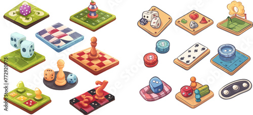 Board game collection. Cartoon funny strategy miniature games for family leisure and recreation