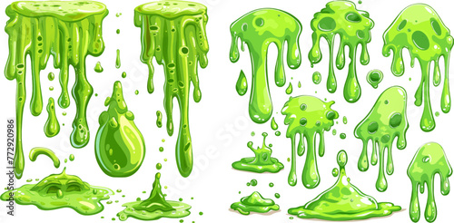  Green goo paint drops, spooky splash drop border and scary dripping spooky halloween decorative stain, © Mark