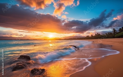 A stunning sunset over a quiet beach.