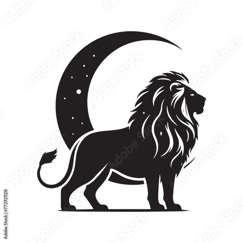 Lunar Lion: Vector Silhouette of Majestic Roaring Guardian in Moonlit Night, Symbolizing Strength and Protection.-lunar lion black vector stock.
