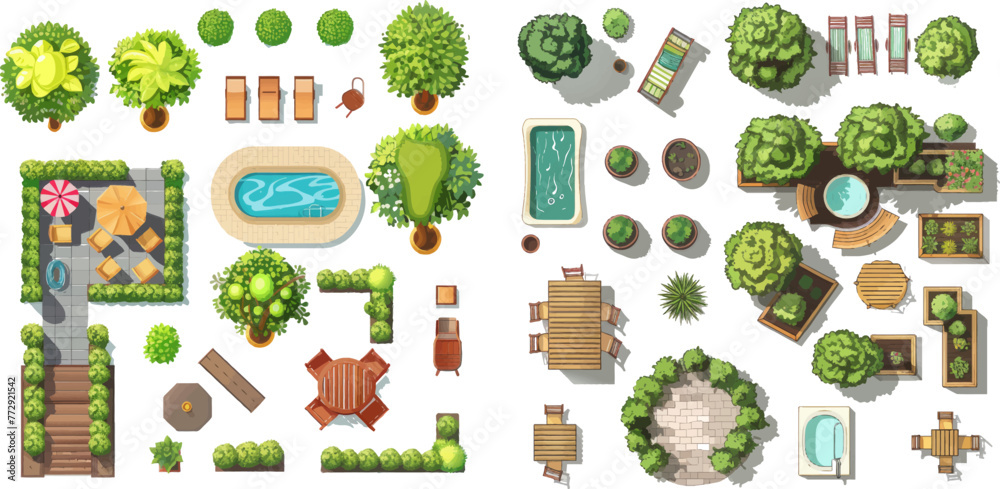 Obraz premium Pool, table and chair or garden relax architectural isolated vector illustration icons set