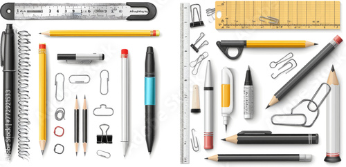 Pen, pencil, marker, sharpener and eraser. 3d school supplies vector set