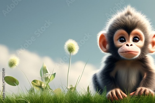 cute baby monkey sitting on top of grass.  © Naila