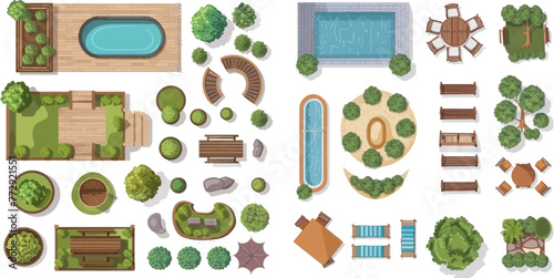 Garden walkway, outdoor relaxing parks furniture and gardens trees aerial