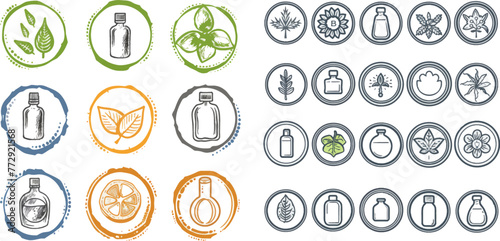 Organic natural products alcohol, paraben and gluten free line icons for packaging