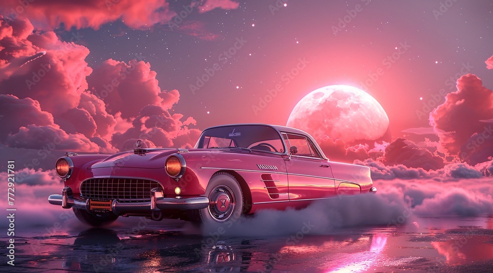 Pink Moon Rising A Vintage Car's Journey Through the Cosmos Generative AI