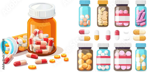 Medications prescription vitamin capsules painkillers, health shop isolated vector illustration