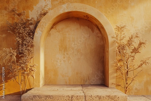 Warmly Lit Alcove with Textured Yellow Wall and Dried Plants, Concept of Tranquility and Minimalist Design