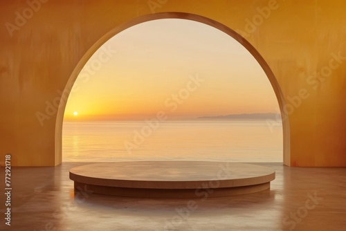 Sunset Seascape Viewed through Archway, Calming Ocean Horizon at Dusk, Concept of Peace and Reflection