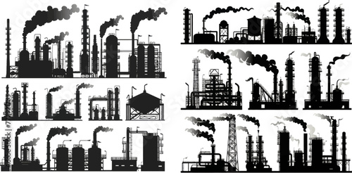 Machine factory industries, refineries or gas pollution vector background set