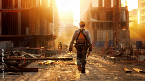 Full body shot of the back of a worker walking toward a construction site 