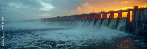 sunrise over the river,
 Itaipu dam on river Parana hydroelectric power s  photo