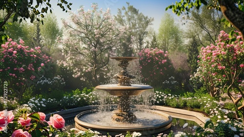 Fountain in a vintage garden. Water, drops, heat, beauty, rainbow, square, city, recreation, geyser, coins, marble, square, pool, tower. Generated by AI