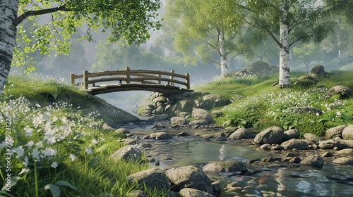 Wooden bridge over a lake with fish. River, flowers, stones, shore, trees, crossing, road, water, arch, sea, aquarium, fishing, scales, fishing rod, fin, flock, algae, food. Generated by AI
