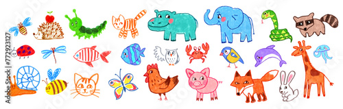 Felt pen vector colorful illustration set of child drawing of cute animals © Sonya illustration