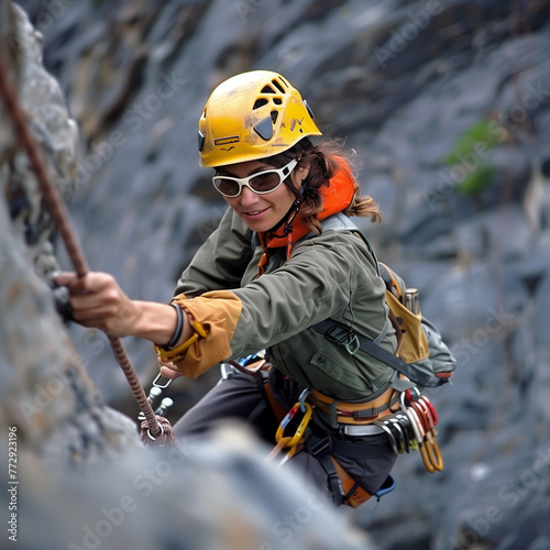 Woman climbing on rock in mountains, recreational pursuit, object, hiking, clambering