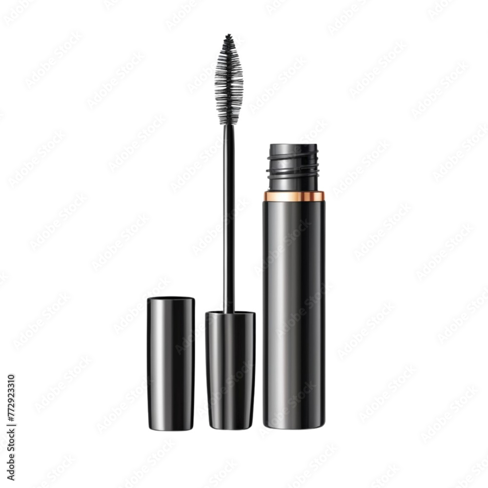 Black plastic opened mascara tube with volume and lengthening boosting effect brush on Isolated transparent background png. generated with AI Black plastic opened mascara tube with volume and lengthening boosting effect brush on Isolated transparent background png. generated with AI