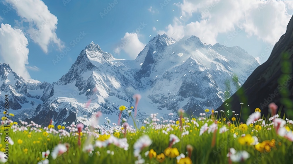 Fototapeta premium A field against the backdrop of snow-covered mountains. Top, clouds, rivers, skis, avalanche, air, climber, gorge, ridge, flowers, greenery, grass, nature, meadow. Generated by AI