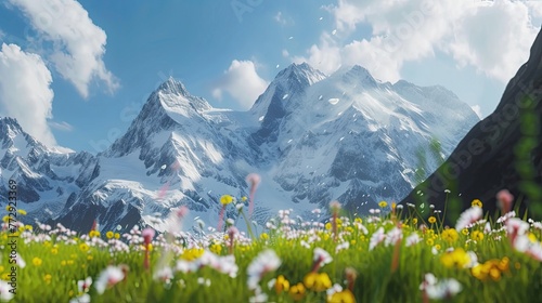 A field against the backdrop of snow-covered mountains. Top, clouds, rivers, skis, avalanche, air, climber, gorge, ridge, flowers, greenery, grass, nature, meadow. Generated by AI