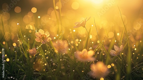 Field of grass with flowers and dew. Morning, moisture, dawn, rain, summer, sun, nature, condensation, plants, cobwebs, steam, leaves. Generated by AI