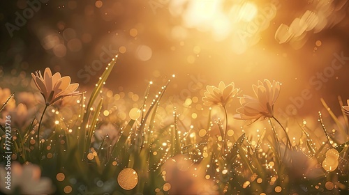 Field of grass with flowers and dew. Morning, water, drop, fog, freshness, moisture, dawn, rain, summer, sun, nature, condensation, plants, cobwebs, steam, leaves. Generated by AI
