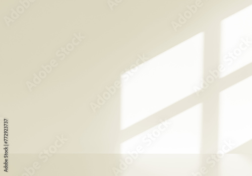 カーキ色の部屋の壁と床、窓から差し込む光と窓枠の影、背景素材