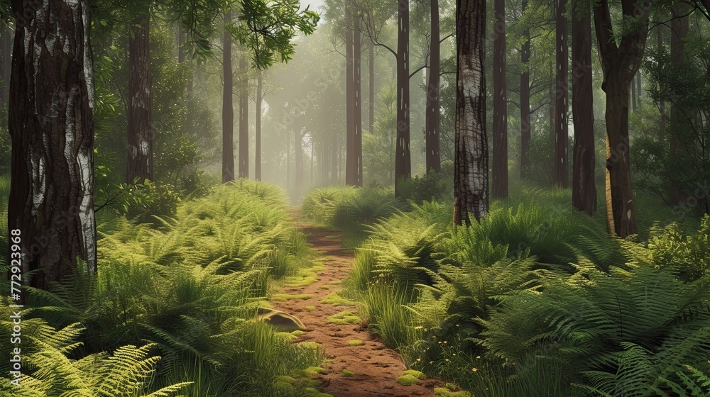 Obraz premium Deaf forest. Tree, clearing, firewood, edge, pine needles, grove, animals, pine, air, greens, birds, squirrel, grass, leaves, forester. Generated by AI