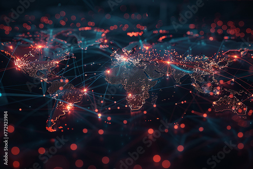 A digital map of the world made up of glowing lines and nodes, representing global connectivity. The background is dark with bokeh lights creating depth in space.  #772923984