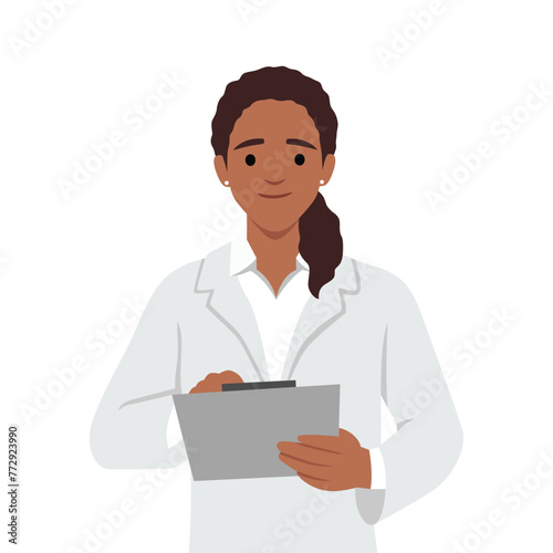 Woman doctor writing on clip board. Flat vector illustration isolated on white background