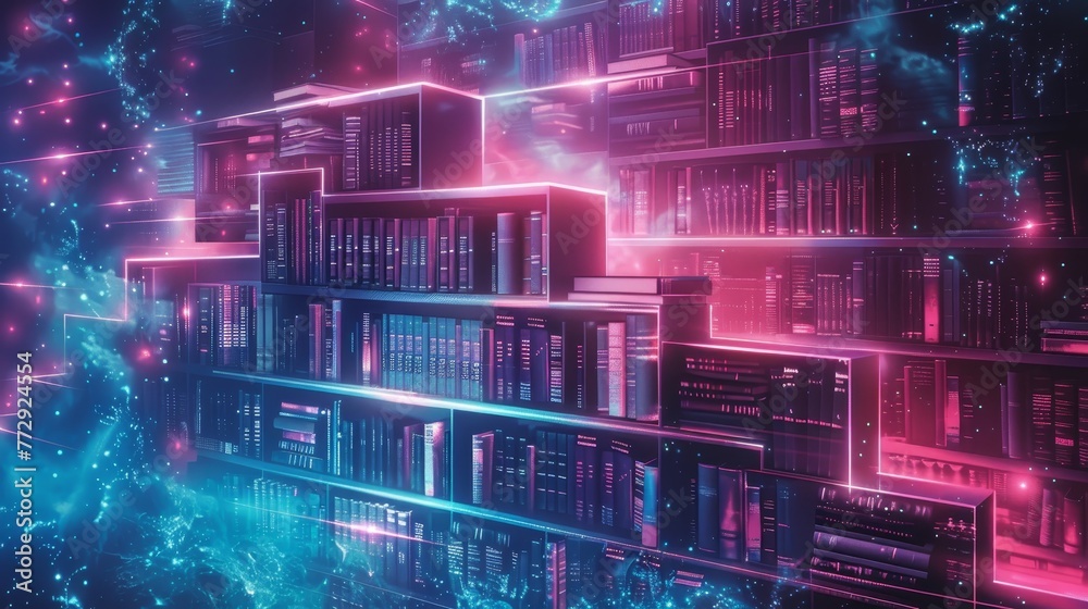 A neon blue and pink cityscape with a large stack of books. The books are arranged in a pyramid shape, with the top shelf being the tallest. The scene gives off a futuristic and technological vibe