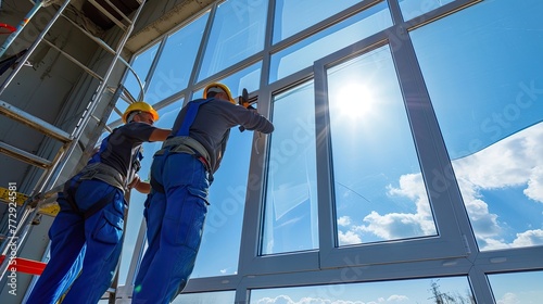 Workers installing windows. Renovation project, skilled workers, installation services, building maintenance, home improvement. Generated by AI