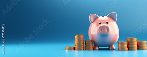 Pink pig piggy bank next to a stack of gold coins, isolated on blue background