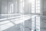 Luxurious white marble tiles reflecting soft natural light in a spacious room.