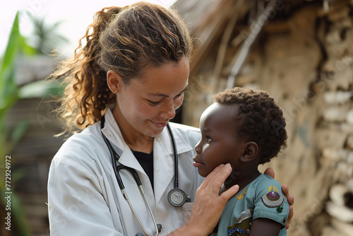 Blonde European nurse cares for African child in Africa 