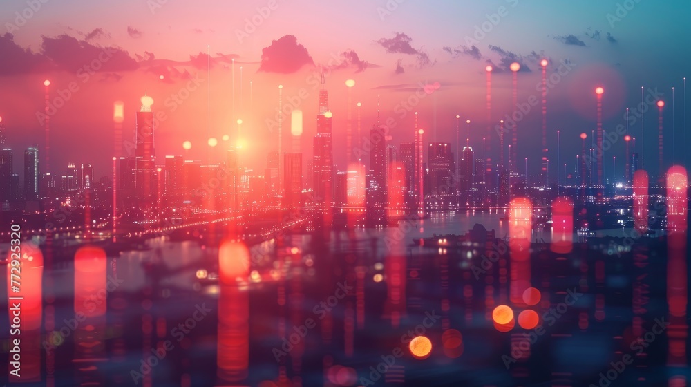A city skyline with a bright orange sun in the background. The city is lit up with lights and the sky is filled with a mix of red and blue colors. Scene is energetic and vibrant