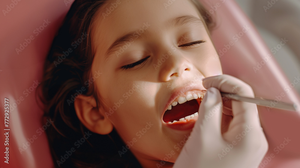Pediatric dentistry. Little girl siting in a stomatology seat having a tooth examination by a pediatric stomatologist. Dental treatment. A close-up view of the child's face, bokeh Pediatric dentistry. Little girl siting in a stomatology seat having a tooth examination by a pediatric stomatologist. Dental treatment. A close-up view of the child's face, bokeh