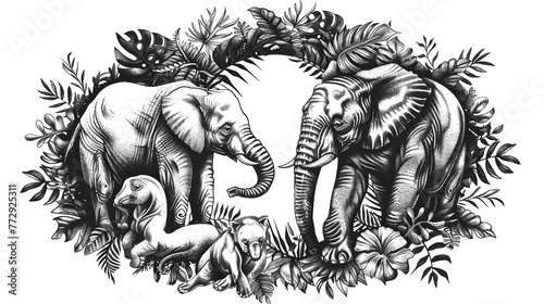 black and white sketch art of endangered species, Earth Day or World Wildlife Day concept. Save our planet, protect green nature and endangered species, biological diversity theme photo