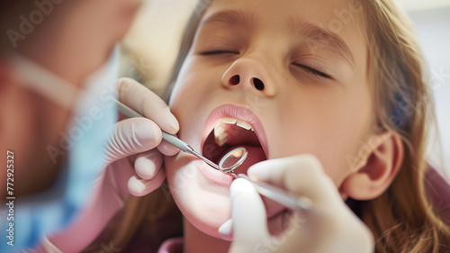 Pediatric dentistry. Little girl siting in a stomatology seat having a tooth examination by a pediatric stomatologist. Dental treatment. A close-up view of the child's face, bokeh