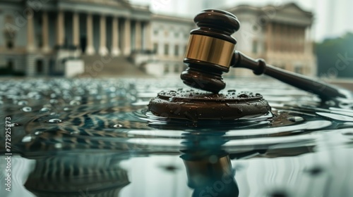 A judge's gavel is floating in a pool of water. Concept of authority and power, as the gavel is a symbol of the judge's role in the legal system photo