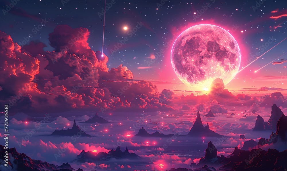 Pink Moon Rising A Celestial Nighttime Scene Generative AI