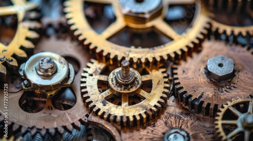 A close up of a collection of interconnected steampunk gears, showcasing the complex mechanical design and interlocking components