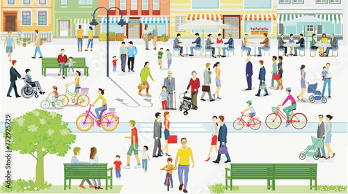 Stadtsilhouette mit Menschengruppen in der Freizeit im Wohnviertel  Illustration