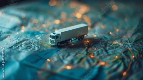 A toy truck is parked on top of a detailed interstate map, representing logistics and transportation planning