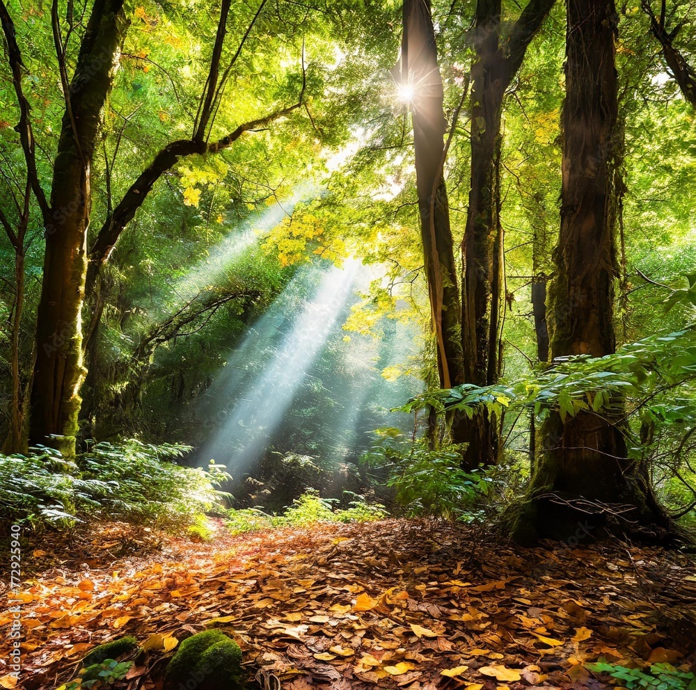 Fototapeta premium A tranquil forest scene with sunlight filtering through the dense canopy onto a bed of fallen leaves.
