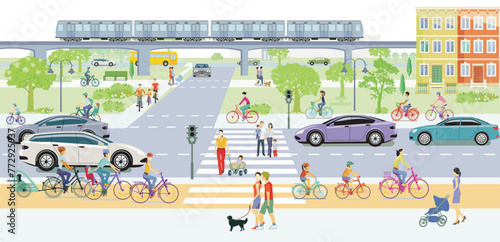 Stadtsilhouette einer Stadt mit Verkehr  und Personen, Radfahren mit der Familie in der Natur,, illustration
