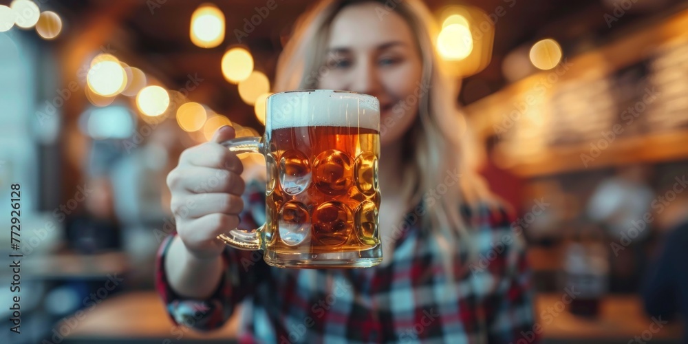A woman in dirndl attire holding a mug of beer with a smile in a bar setting